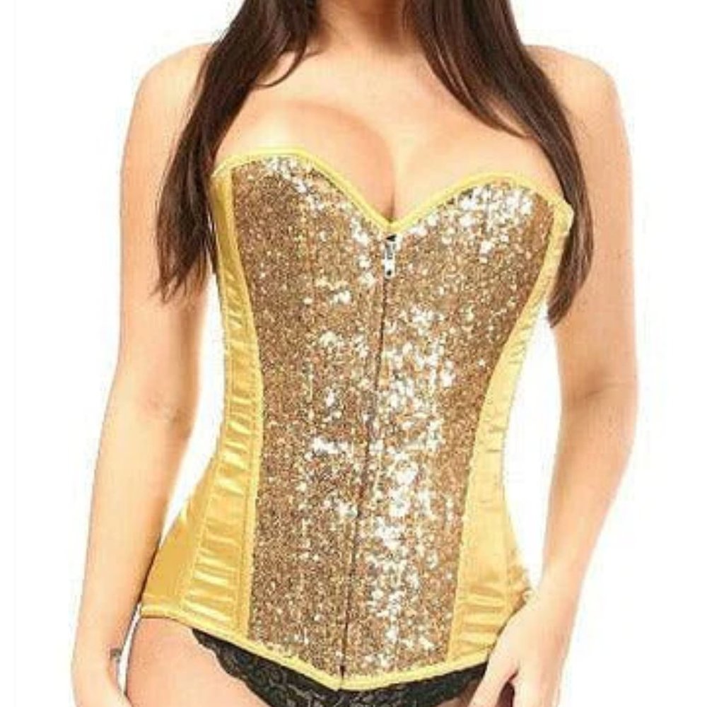 Daisy Corsets Gold Sequin and Satin Overbust Corset Top ~ Size Large